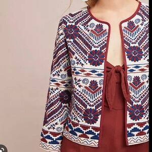 BY ANTHROPOLOGIE Greenwich Embroidered Jacket Cream Red Blue Sz S Cropped Open